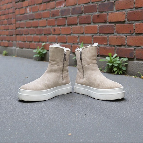 J/SLIDES NYC Suede Faux Fur Lined Ankle Boots Side Zip Platform Women’s 6 Beige - Picture 6 of 8